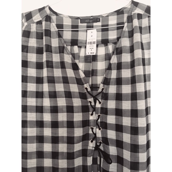 LF Millau Checkered Plaid B&W Sheer Lace Up Blouse - Picture 2 of 3